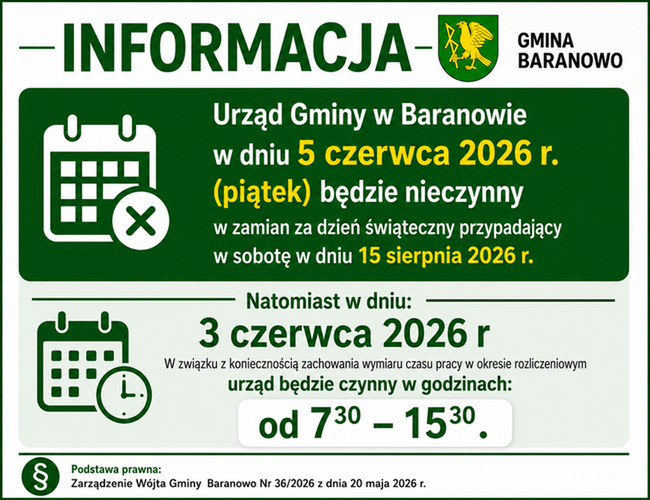 Informacja o dniu wolnym w UG Baranowo 5 czerwca 2026 r.