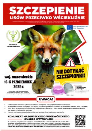 Informacja o jesiennej akcji szczepienia lisów przeciwko wściekliźnie na Mazowszu - plakat